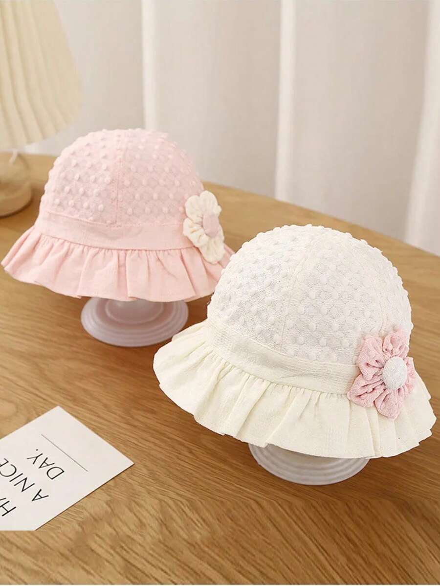 1 pezzo Cappellino secchiello dolce e carino per bambina, con volant in pizzo e fiore, cappello da sole per bambini, tinta unita - 1PC - Visualizzare 1