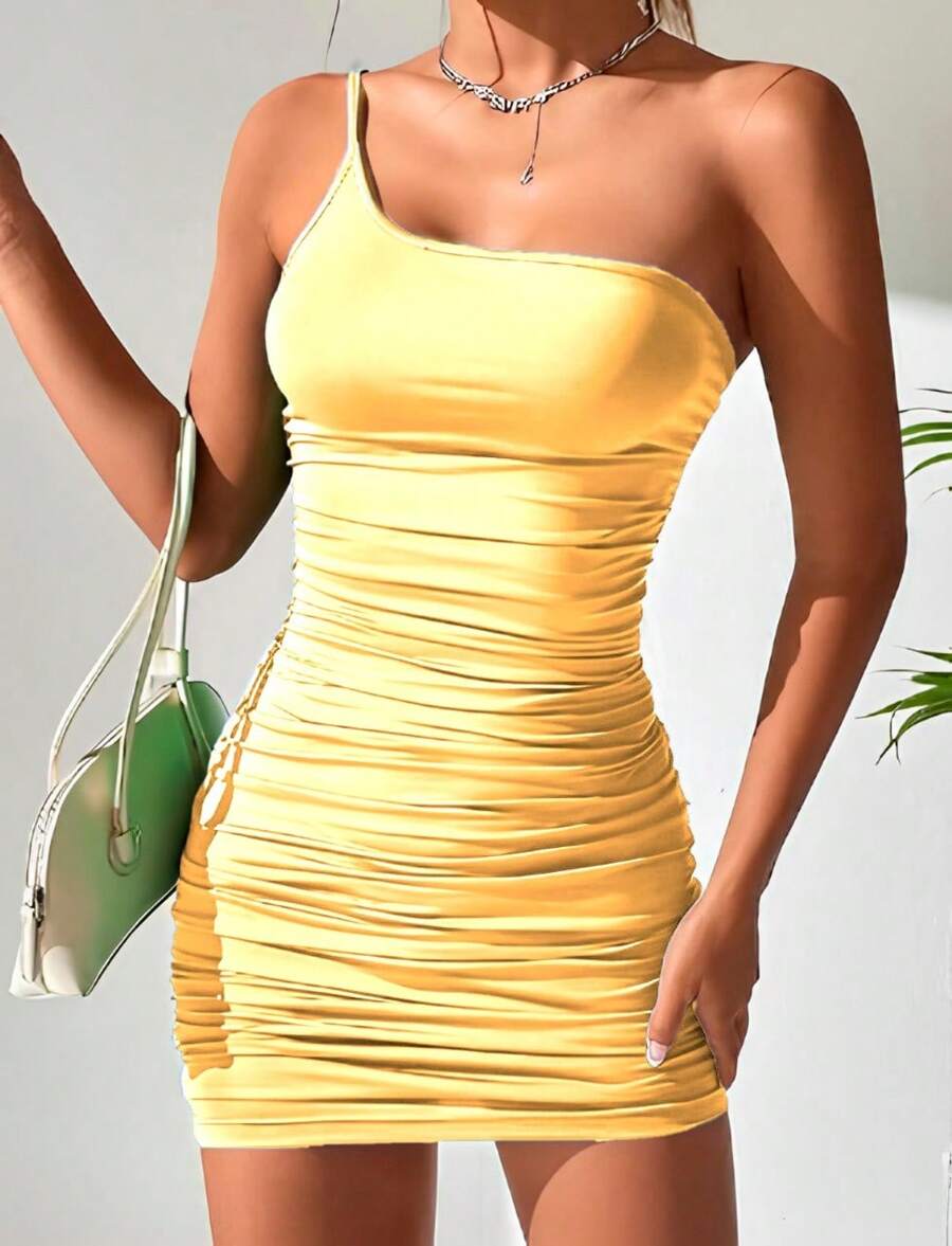 Vestido Midi Colado Ajustável Feminino Plissado Lindo Blogueiras - Amarelo - Visão 1