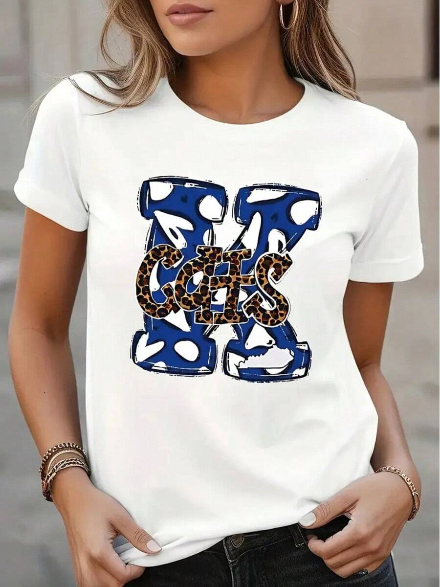 Spring And Summer Casual Short Sleeved T-Shirt, Women's Round Neck Printed "K" Letter Printed Top - White - View 1
