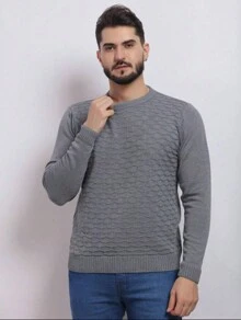 Men's Knitted Sweater Coat Sweater Round Neck Long Sleeve Wool Blouse - 深灰色 - 查看 4