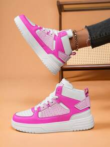 女士休闲百搭运动鞋，时尚玫瑰红系带高帮透气舒适耐用运动鞋