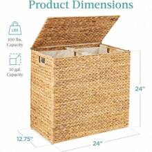 Best Choice Products Large Double Laundry Hamper With Lid, Natural Handwoven Water Hyacinth, 2 Sections W/ 2 Machine Washable Linen Liner Bags, Portable, Handles - Natural