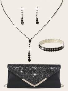 Rhinestone Jewelry Set Sparkling Necklace Earring Bracelet Set Women's Evening Dress Handbag Bride's Wedding Elegant V-Shaped Flip Envelope Handbag Women's Ball Handbag With Detachable Metal Chain Wedding And Party Handbag Wedding Handbag Women's Evening Dress Handbag Wedding Party Bride Handbag - Black - View 1