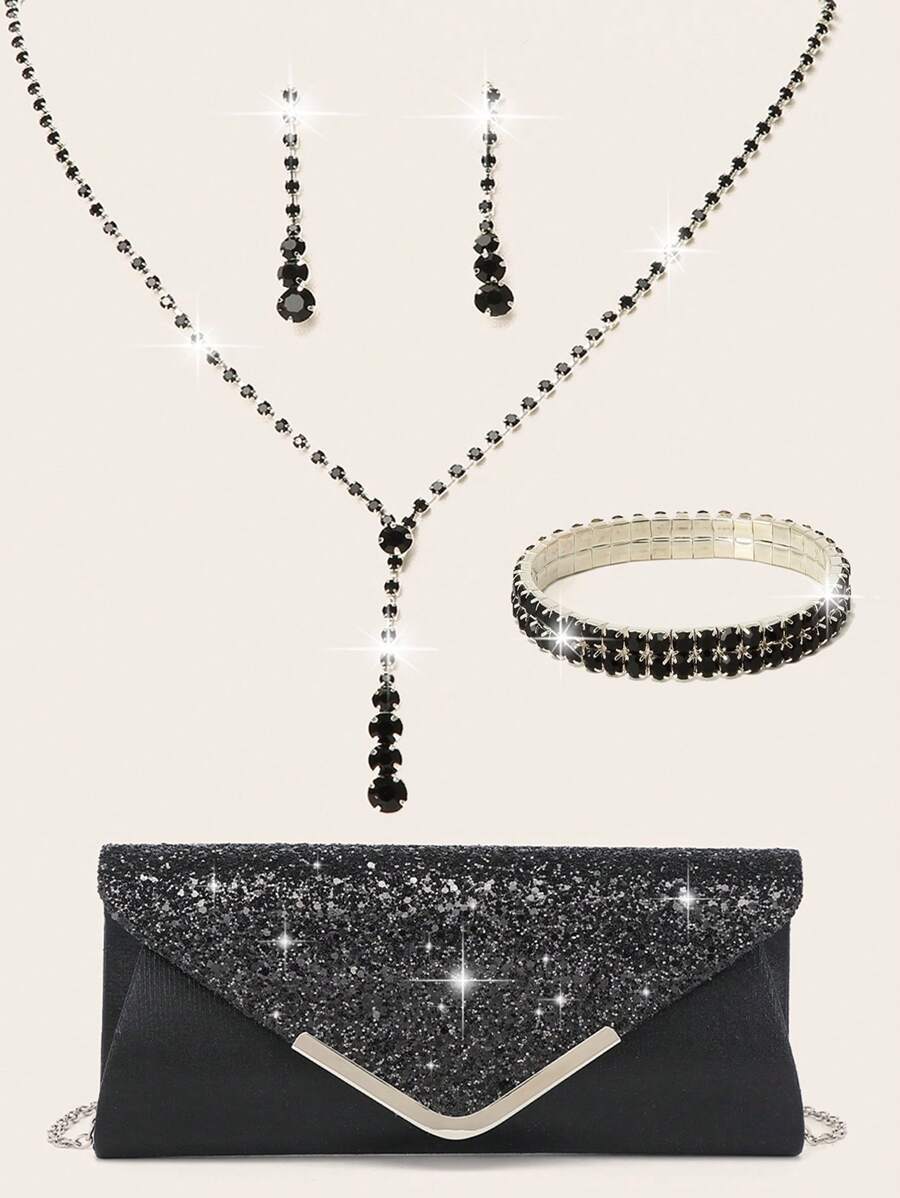 Rhinestone Jewelry Set Sparkling Necklace Earring Bracelet Set Women's Evening Dress Handbag Bride's Wedding Elegant V-Shaped Flip Envelope Handbag Women's Ball Handbag With Detachable Metal Chain Wedding And Party Handbag Wedding Handbag Women's Evening Dress Handbag Wedding Party Bride Handbag - Black - View 1