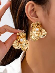 1 对时尚几何人造珍珠耳钉，适合女士，百搭别致的日常配饰和礼物 - 幾何花朵耳環 - 查看 1