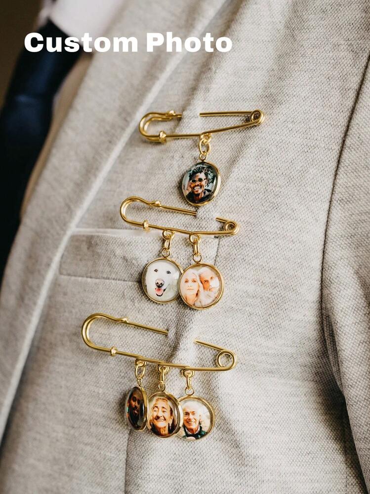 婚礼当天新娘送给新郎的个性化礼物，定制照片胸花别针，金色新郎纪念照片胸花别针，Y2K风格，可爱，萌趣，色彩缤纷，时尚，定制，个性化，独特，送给她的理想礼物，女友，朋友，家人，她，精致浪漫，冬日优雅，魅力四射，女士发饰，春季系列，可调节尺寸 - Brooch - 查看 1