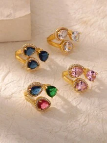 1pc Vintage Gemstone Three Water Droplets Ring, 18K Gold-Plated Cubic Zirconia Open Rings For Women, Wedding Party Vacation Jewelry Luxury Accessories Gifts For Valentine's Day, Mother's Day
