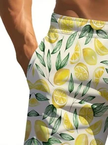 Shorts de playa de verano para hombre - Informales de poliéster, lavable a máquina, no transparente con estampado de limón de moda, hawaiano - Multicolor - Ver 4