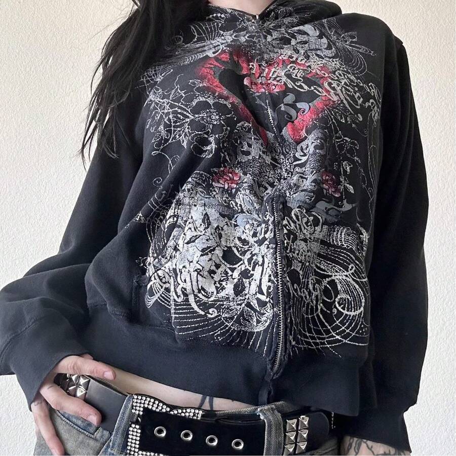 Women Zip Up Hoodie Y2k Vintage Graphic Oversized Hooded Long Sleeve Sweatshirt Jacket Pullover Coats Aesthetic Vintage Harajuku Grunge Teen Girls Sweatshirt Streetwear - 黑色 - 查看 1