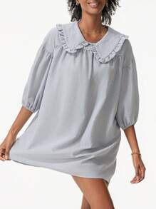 Women's Cute Babydoll Dresses Plaid Print Puff Sleeve Doll Collar Loose Mini Dress For Summer - 卡其色 - 查看 6