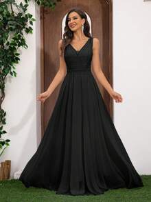 女士浪漫雪纺蕾丝拼接及地婚纱，新娘 - 黑色 - 查看 4