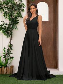 女士浪漫雪纺蕾丝拼接及地婚纱，新娘 - 黑色 - 查看 5