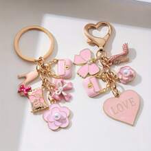 NXQXN Pink Mini Bag & Cosmetics Charm Keychain Ladies Key Ring - Metal Round Love Theme Keyring With Flowers & Heart Decor, Single Individual Piece, Wedding Festival Special, Ring Buckle Decorative Bag Pendant Gift - B - 查看 2