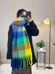 1 件女士加厚柔软格子围巾/披肩，多功能冬季颈部保暖器，2025 年新品 - 粉色 - 查看 5