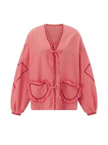 Women Long Sleeve Shirts Heart Embroidery Plaid Front Bowknot Tie-Up Blouses Fashion Spring Summer Casual Tops - 紅色 - 查看 5