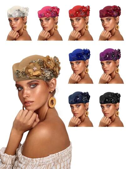 1 szt. Filcowy turban, kapelusz typu torebeczka, kapelusz derby, kapelusz fascynator z kwiatami, eleganckie damskie kapelusze na przyjęcie herbaciane, beret w stylu vintage, zdobiony kryształkami, modny kapelusz fedora, akcesoria do kostiumów cosplay, wesele, prezent dla kobiet