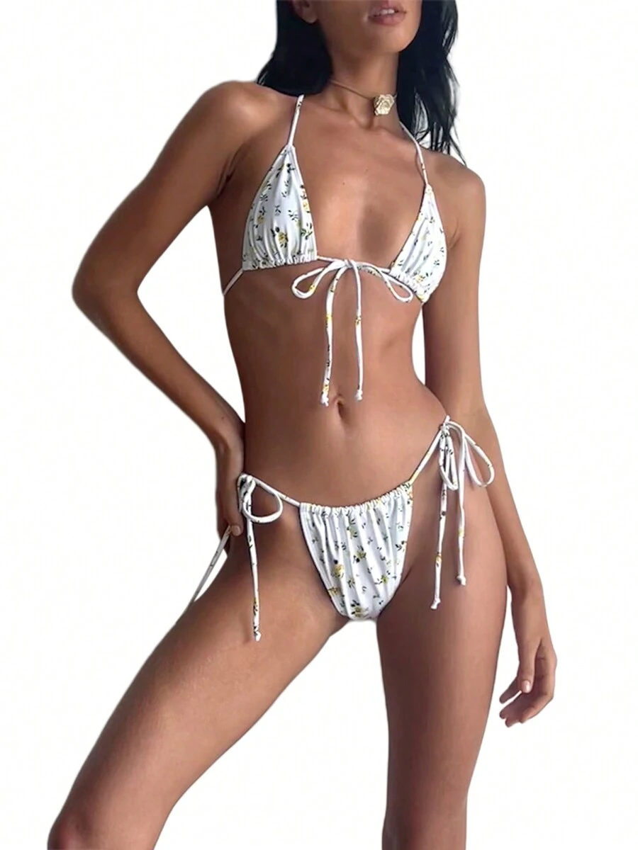 Women's 2 Piece Swimsuits Halter Tie Side Triangle Bikini Set Summer Two Piece Bathing Suits - White - View 1