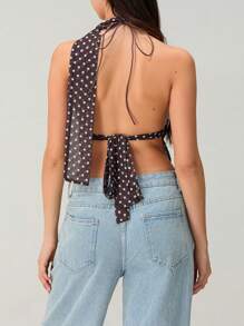 Womens Halter Neck Tops Sleeveless Tie Backless Dots Print Slim Fit Cami Tops Summer Shirts - Màu nâu - Xem 8