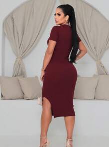 Women's Short Sleeve Midi Dress - Maroon - View 2