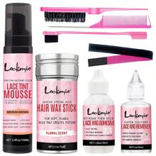 11件/8件套假发安装套装，包含：蕾丝染色摩丝、造型喷雾、蕾丝前假发胶水、发蜡棒、胶水去除剂、松紧带、造型梳、边缘刷、假发染色工具（适用于假发和接发）