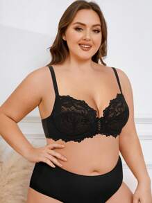 WINGSLOVE Plus Size Women Solid Floral Lace Shaping Underwire Bra, Minimalist Fashion Casual Daily Wear, Lift & Support - Black - View 6