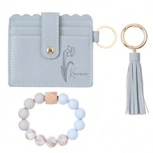 1pc Customizable Name & Birthday Flower Wallet, Keychain, Wristlet Set, Wallet, Women's Wallet And Purse, White Wallet, Pink Wallet, Mother's Day Gift (For Girlfriend/Friend/Mom/Daughter), Personalized Christmas Gift, Customizable Name, Ultra-Thin Credit Card Holder Wallet With Tassel Keychain Bracelet, Unisex, New Year Charm - Multicolor - View 9