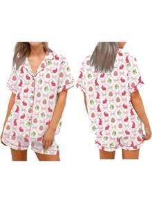 Women Easter Pajamas Set Bow/Rabbit Print Button T-Shirt And Elastic Shorts For Loungewear Soft Sleepwear - 乳白色 - 查看 2