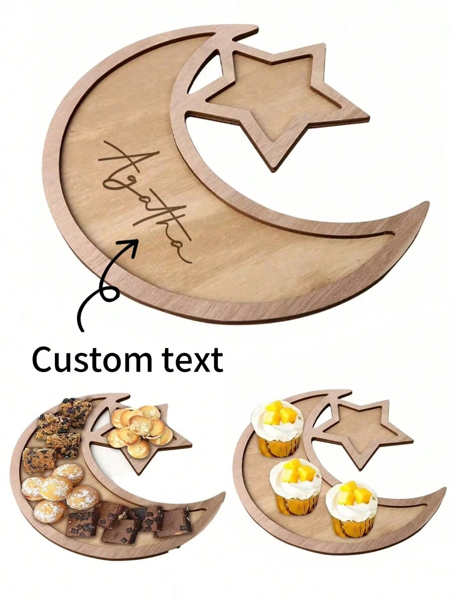 1pc Personalized Text Customized Star Moon Wooden Tray, Creative Dessert Plate Food Fruit Display Stand For Afternoon Tea, Breakfast Serving Plate