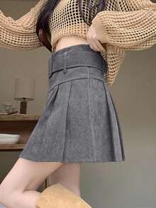 新款秋冬女式高腰褶皱灯芯绒迷你裙，配腰带 - 灰色 - 查看 5