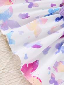 Set da 3 pezzi di abbigliamento estivo per bambine: canotta con fiocco e stampa a fiocco 3D, maniche a volant, e pantaloncini comodi a costine di colore unito - Viola - Visualizzare 6