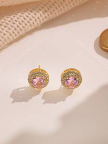 1 Set Stainless Steel Jewelry, Pink Circle Shaped Women Jewelry Set, Creative Design, Simple & Luxurious, Vintage Style, Elegant & Classic Fashion, Suitable For Casual, Party, Holiday, Valentine's Day, Ramadan, Great Gift Choice (OPP Bag & Box For Shooting Only) - Pink - View 3