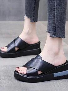 Sandalias de mujer con tacón grueso y color sólido - Negro - Ver 3