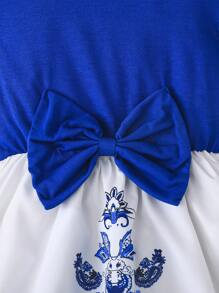 Sukienka dziewczęca z krótkim rękawem i okrągłym dekoltem, z kokardą i nadrukiem w stylu patchworkowym, modna na zewnątrz, na lato