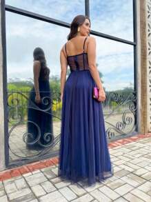 LONG WEDDING PARTY DRESS FOR GRADUATES IN TULLE WITH SHINE AND CORSET - Navy Blue - View 2