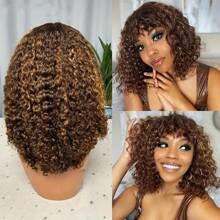Human Wigs Curly Wig With Bangs Brazilian Virgin Human Hair No Lace Front Wigs Brown Highlight 4/27 Human Wig ,Natural Color - S4/27 - View 5