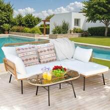 SHEIN X Heather Rae Outdoor Patio Rattan Furniture Set 3-Piece Conversation Set With Cushions & Table,White,Springbreak ,Valentine's Day Ideas
