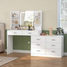 Dressing Table With LED Light Mirror & Socket For Valentine's Day Gift, 8 Drawers, 6 Shelves, 3 Color Modes & Adjustable Brightness Dressing Table, Corner Vanity, L-Shape Change, White