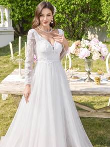 UNITHORSE Rhinestone Neckline Pearl Embroidery Lace Mesh Contrast White Wedding Dress Gown,Bride, All White Party Outfit Women - White - View 9