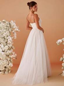 Mesh Cold Shoulder Embroidered Wedding Dresses Elegant White Bridal Gown - White - View 3