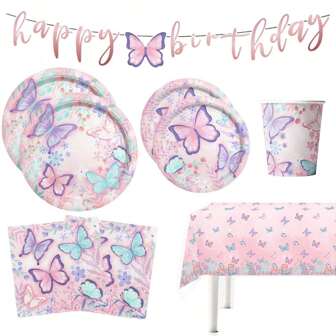 42 件蝴蝶生日派对用品一次性纸盘餐巾纸杯桌布和横幅适用于蝴蝶派对生日装饰