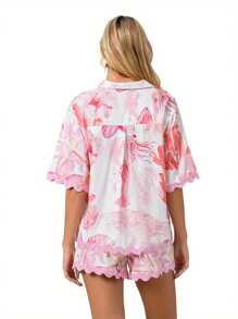 Women 2 Piece Shorts Sets Graphic Short Sleeve Button Shirt Wide Leg Lounge Shorts Outfit