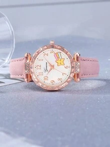 5 件粉色星星设计儿童石英表配蝴蝶项链、手链和耳环套装，最佳礼物选择 - 粉色 - 查看 5