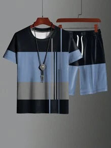2pcs/Set Men Summer Casual Suit, Colorblock Short Sleeve Crew Neck T-Shirt & Drawstring Shorts Set, Beach/Sports/Exercise Outfit, Plus Size - Blue - View 3