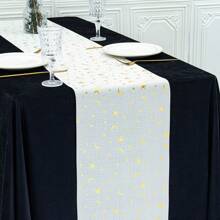1pc Gold Linen 28*275cm Table Runner, Decorated With Lanterns, Crescent Moon, Gold Stars, Mosque, Greetings, Suitable For Home, Dinner Party, Festival Celebration - Solid Color - View 16