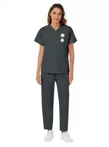 2pcs/Set V-Neck Pocket Short Sleeve Tops And Pants Casual Scrub Uniform Set - Grey - View 2