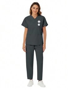 Set de 2 piezas con parte superior de manga corta con bolsillo y cuello en V, y pantalones, uniforme casual de scrubs