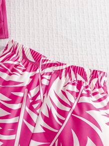 2件套女童短袖圆领交叉装饰T恤+印花裤套装，时尚百搭，适合户外夏季穿着 - 玫紅色 - 查看 6