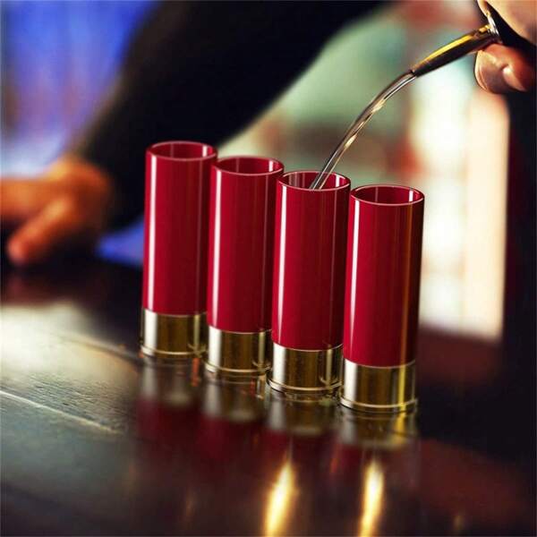 Juego de 4 vasos de plástico con forma de cartucho de escopeta calibre 12 para caza, tiro, bar y regalo para hombres