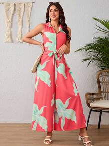 Elegante Mono De Piernas Anchas Con Cinturón Para Mujer,Mono Sin Mangas Con Media Tapeta De Botones y Solapa,Mono De Estampado De Flores De Verano - Rosado Sandía - Ver 4