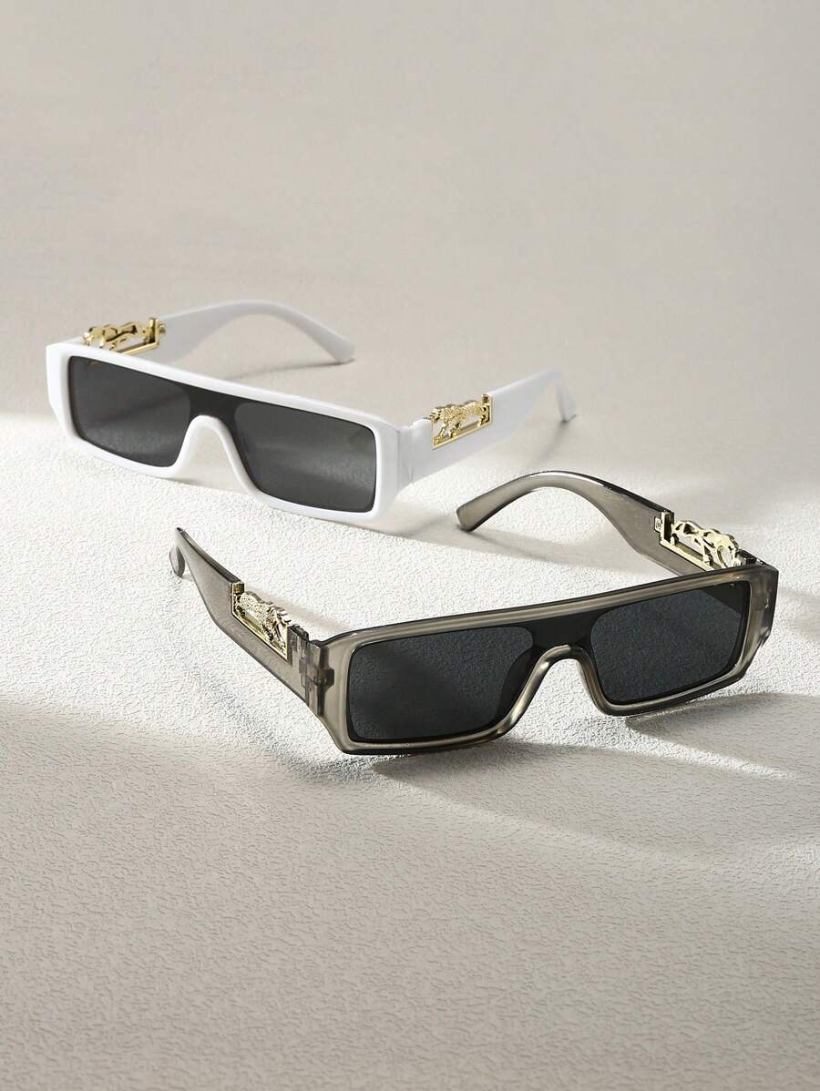 2副方形镜框男女通用黑色复古Y2K沙滩眼镜，适合夏季海滩度假、户外活动和旅行。 - 彩色 - 查看 1